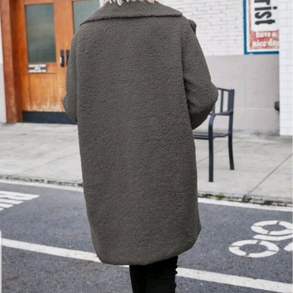 Gray Faux fur teddy pea coat contemporary - Picture 5 of 6